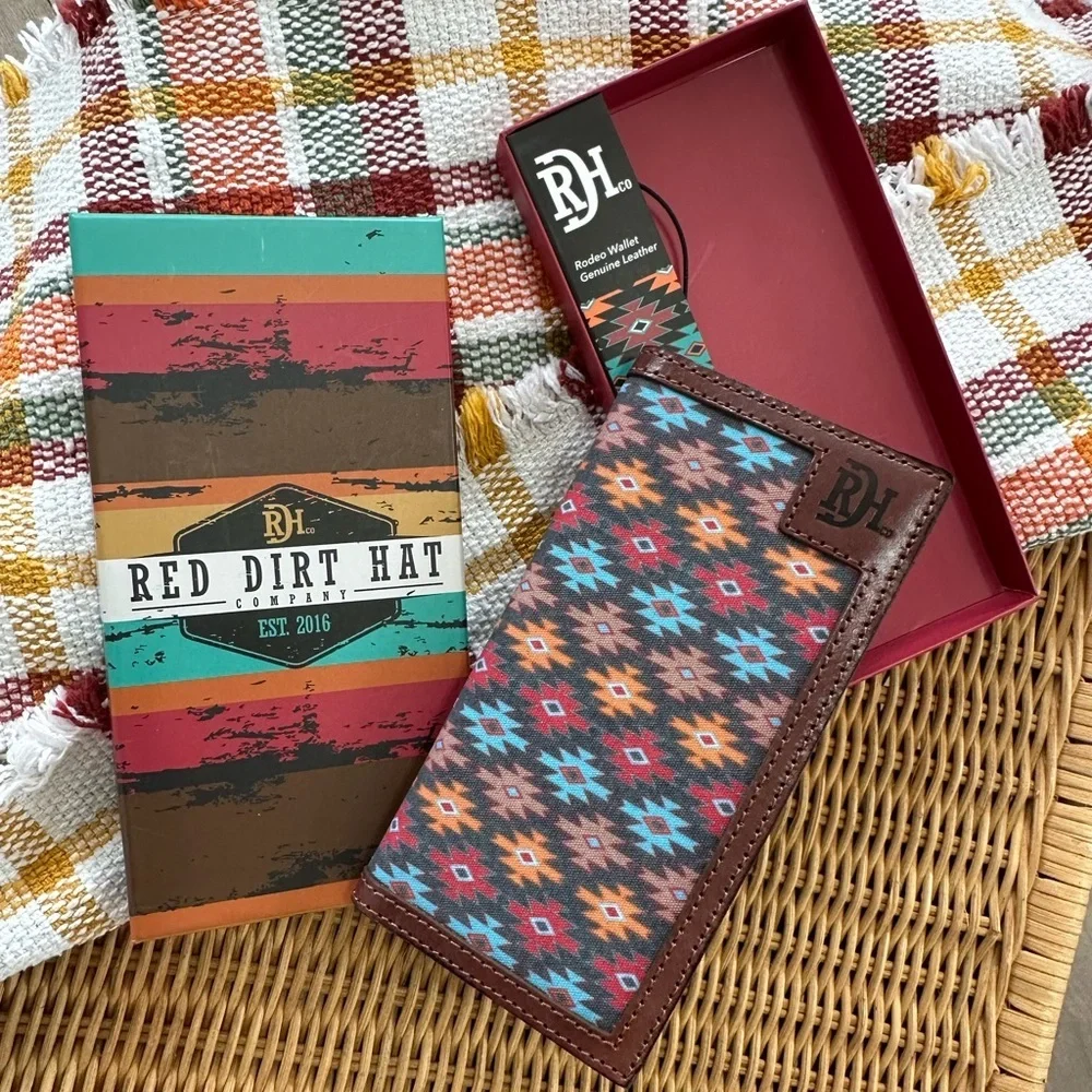 New Red Dirt Western Wallet Mens Rodeo Leather Southwestern Canvas Inlay Aztec
